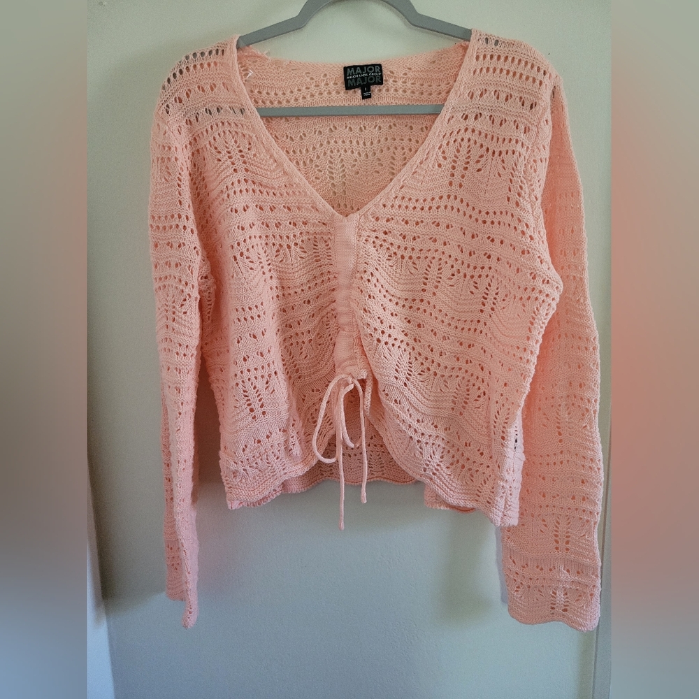 Vintage Y2K Major Major Pink Open Knit Babydoll Coquette Cropped Sweater Top Lrg